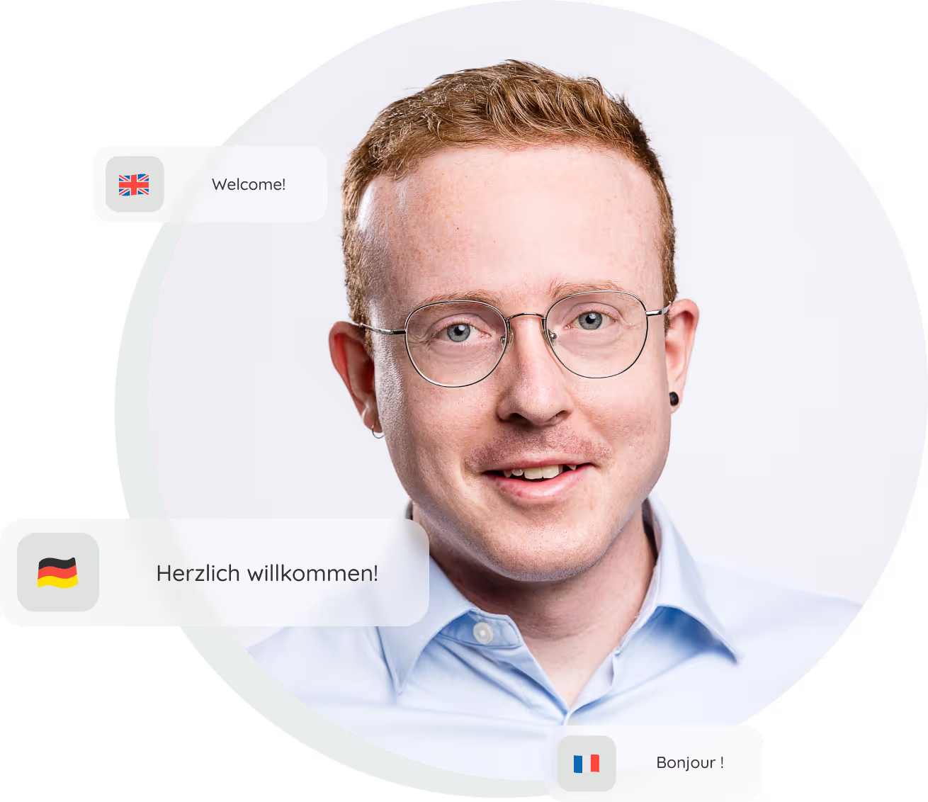 Hannes Frank Portrait mit seinen 3 Sprachen Deutsch, Englisch und Französisch
